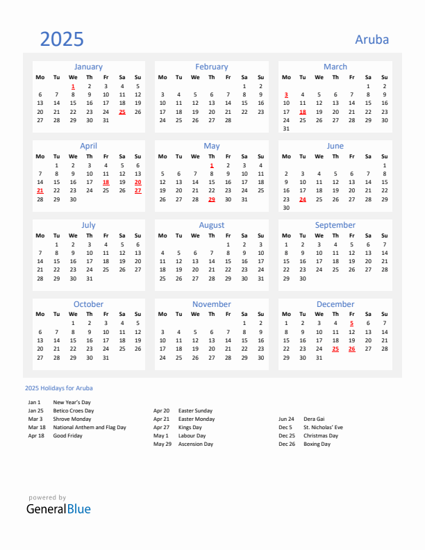 Basic Yearly Calendar with Holidays in Aruba for 2025 