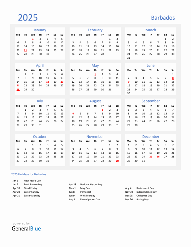 Basic Yearly Calendar with Holidays in Barbados for 2025 