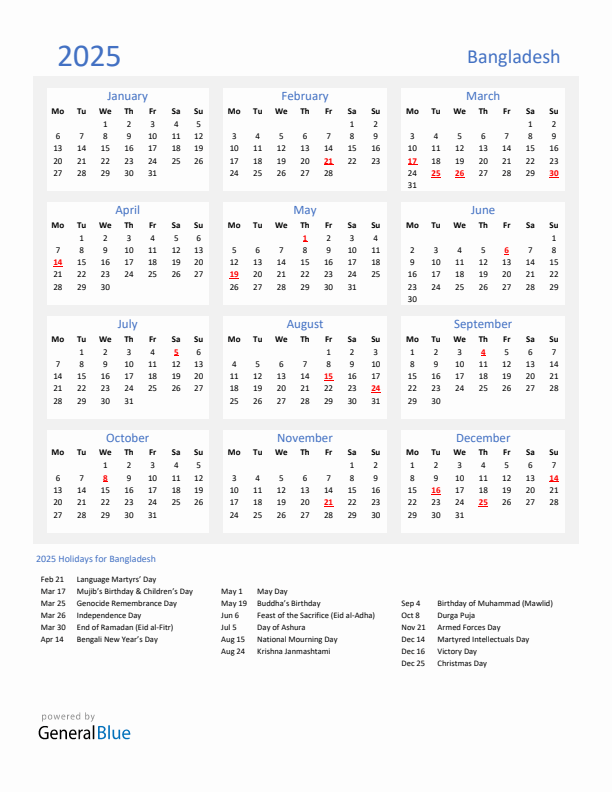 Basic Yearly Calendar with Holidays in Bangladesh for 2025 