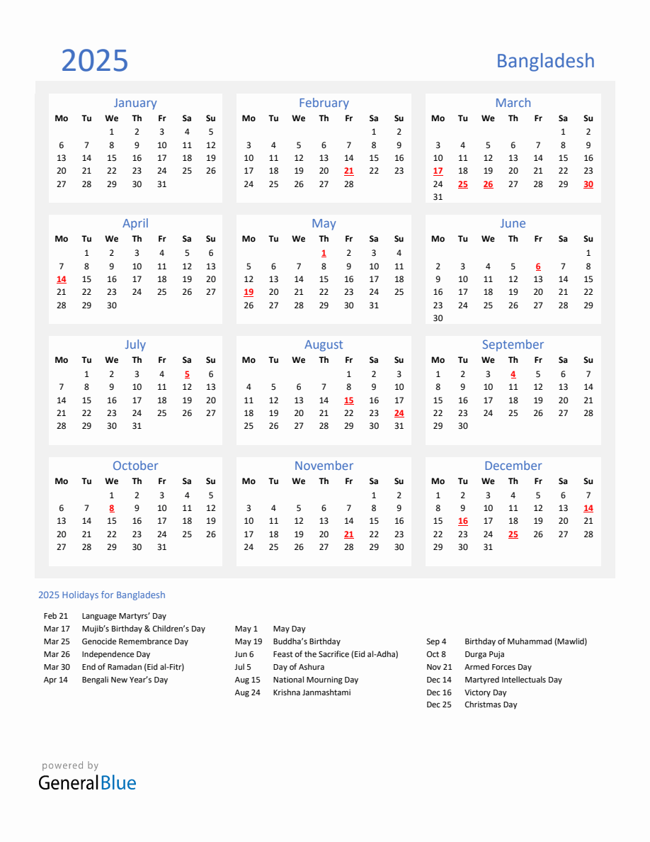 Basic Yearly Calendar with Holidays in Bangladesh for 2025