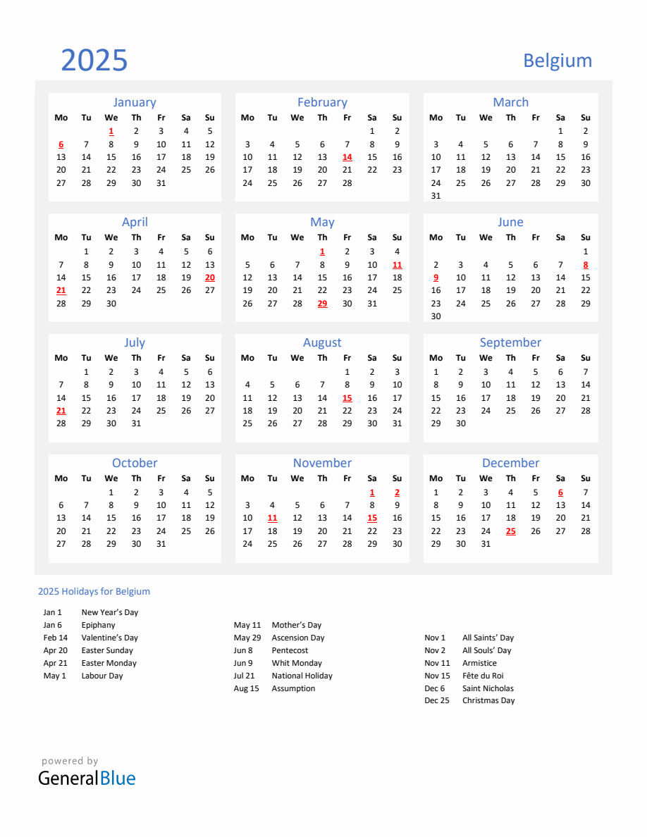 Basic Yearly Calendar with Holidays in Belgium for 2025