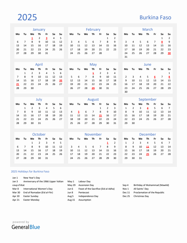Basic Yearly Calendar with Holidays in Burkina Faso for 2025 