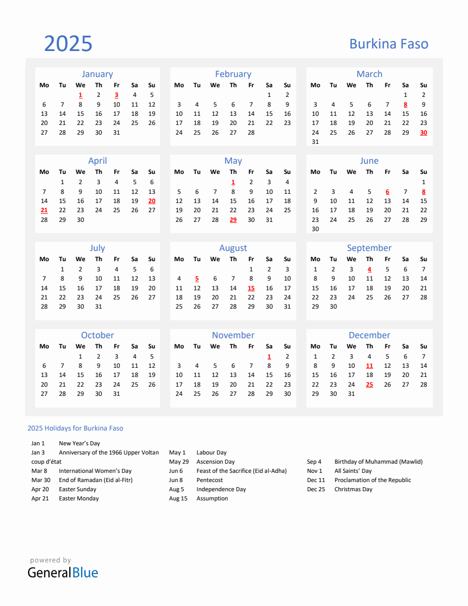 Basic Yearly Calendar with Holidays in Burkina Faso for 2025