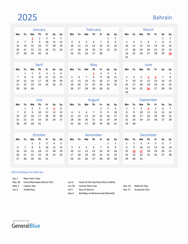 Basic Yearly Calendar with Holidays in Bahrain for 2025 