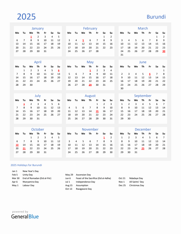 Basic Yearly Calendar with Holidays in Burundi for 2025 