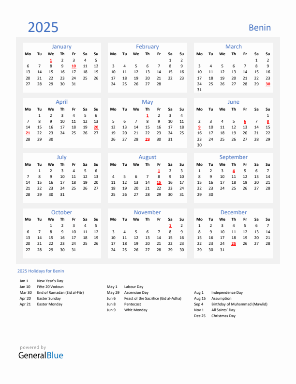 Basic Yearly Calendar with Holidays in Benin for 2025 