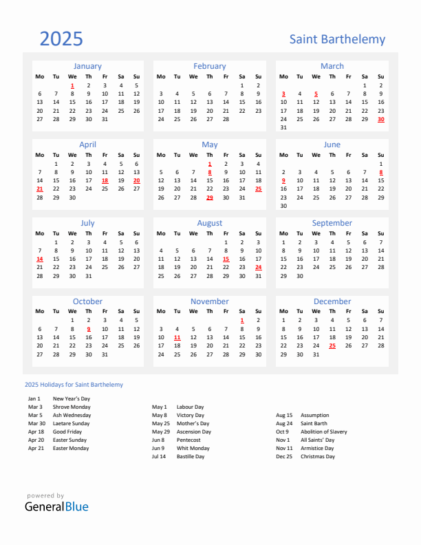 Basic Yearly Calendar with Holidays in Saint Barthelemy for 2025 