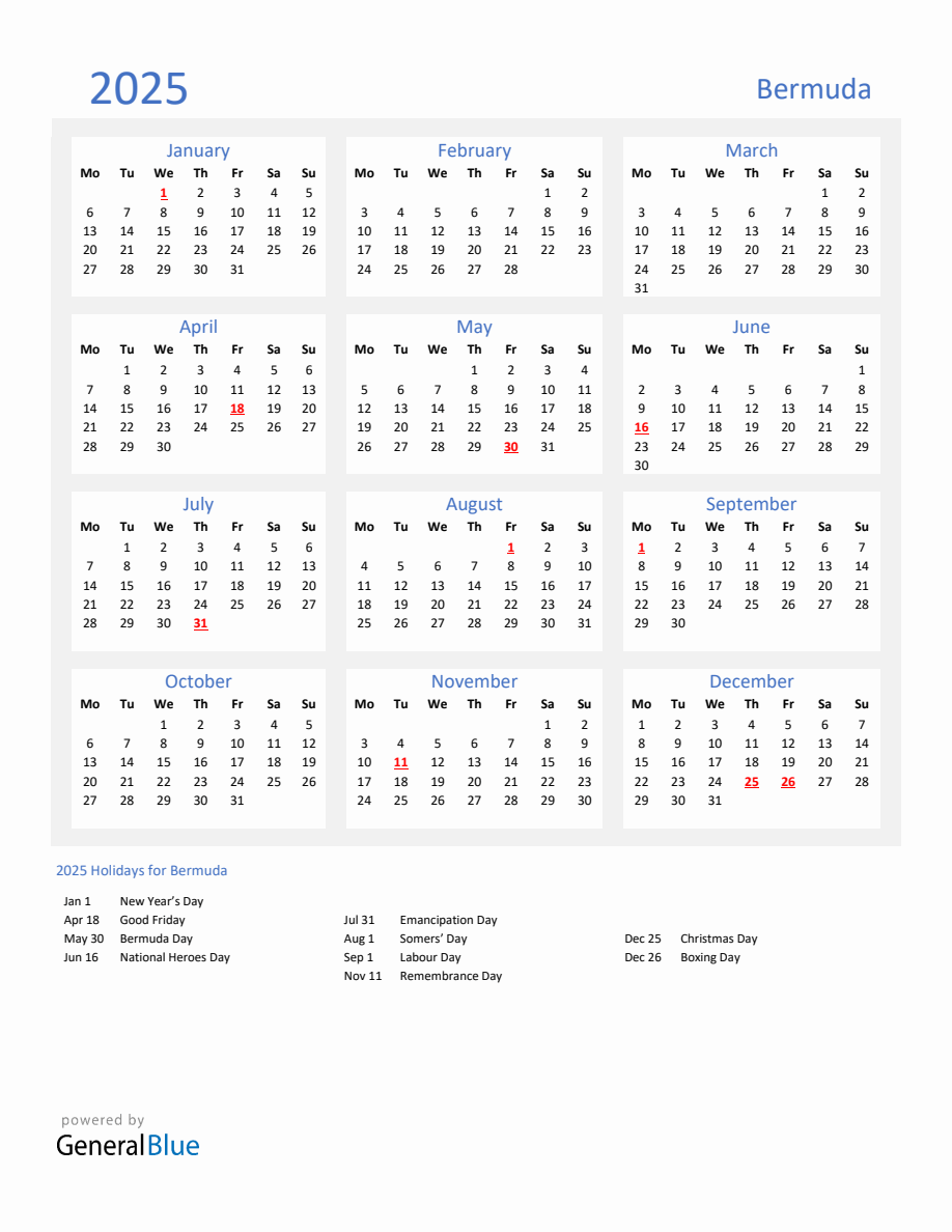 Basic Yearly Calendar with Holidays in Bermuda for 2025