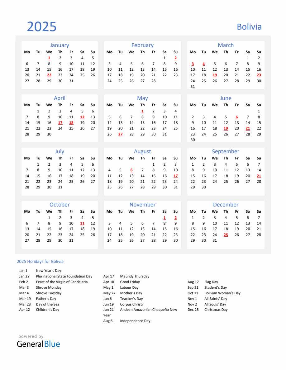 Basic Yearly Calendar with Holidays in Bolivia for 2025