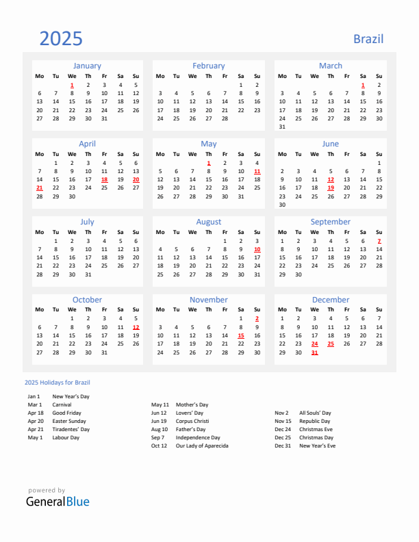 Basic Yearly Calendar with Holidays in Brazil for 2025 