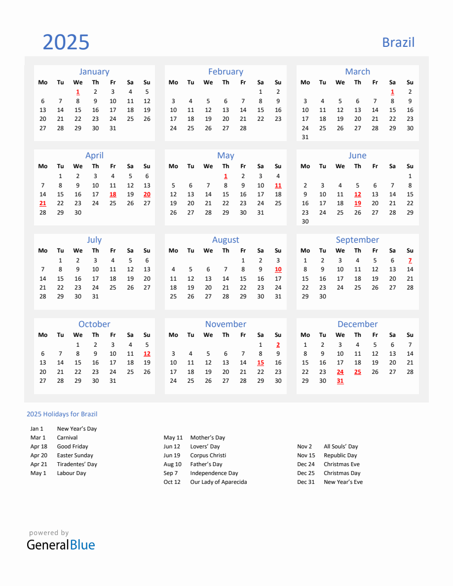 Basic Yearly Calendar with Holidays in Brazil for 2025