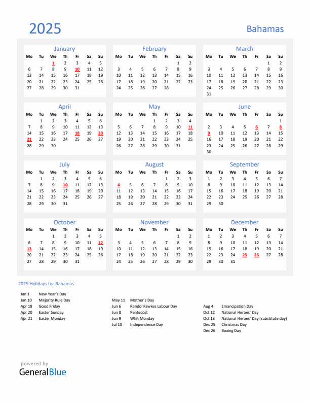 Basic Yearly Calendar with Holidays in Bahamas for 2025 