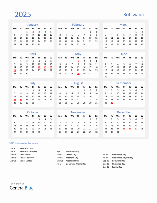 Basic Yearly Calendar with Holidays in Botswana for 2025 