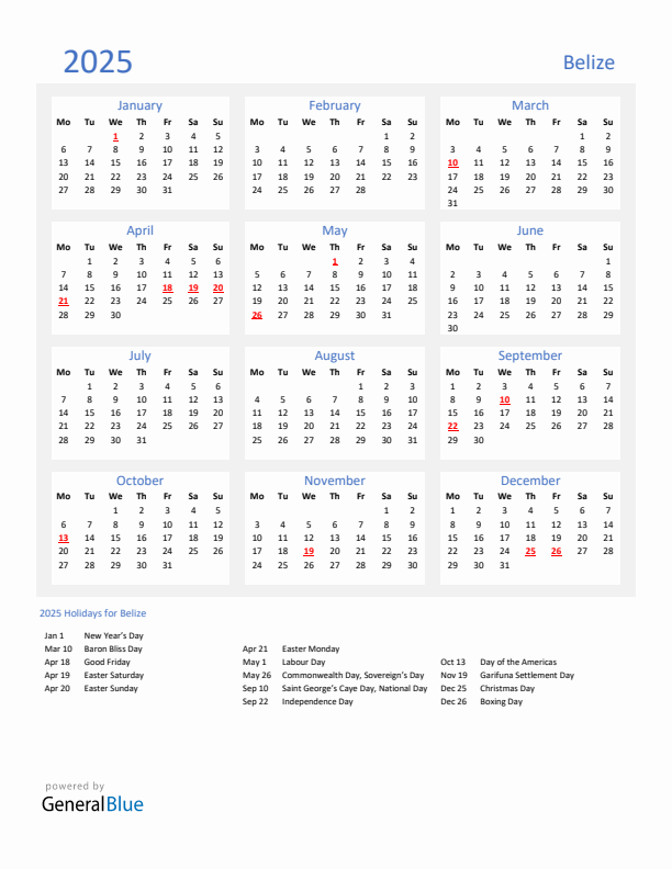 Basic Yearly Calendar with Holidays in Belize for 2025 