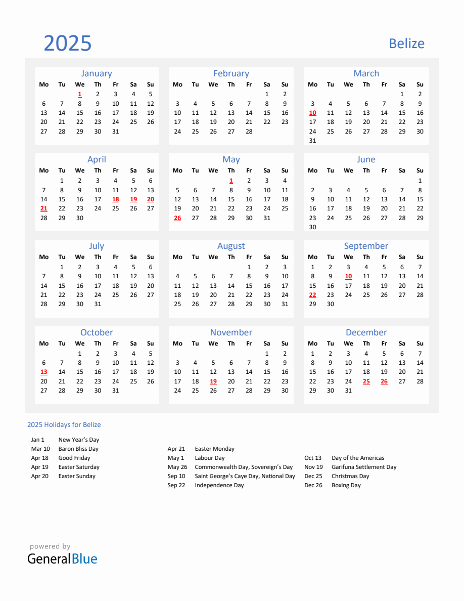 Basic Yearly Calendar with Holidays in Belize for 2025