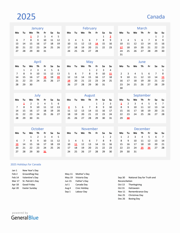 Basic Yearly Calendar with Holidays in Canada for 2025 