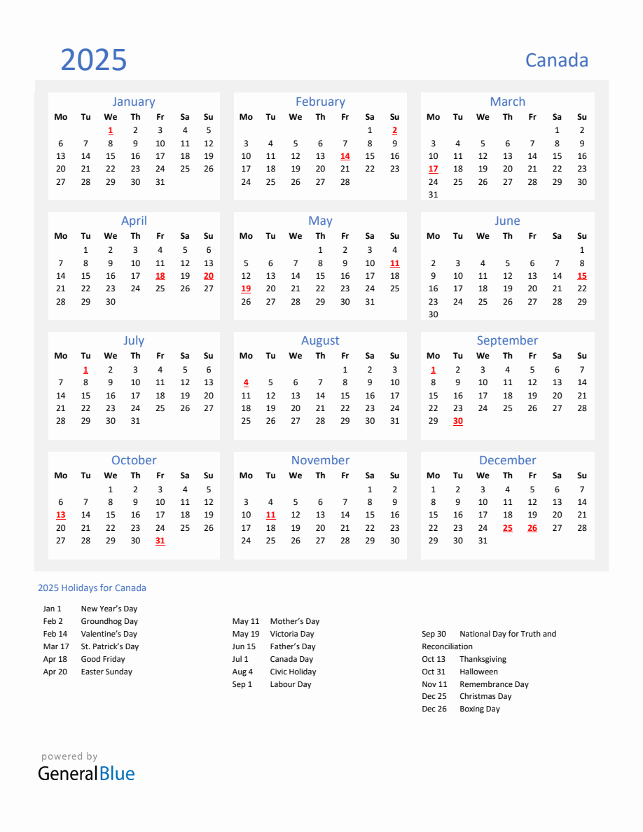 Basic Yearly Calendar with Holidays in Canada for 2025