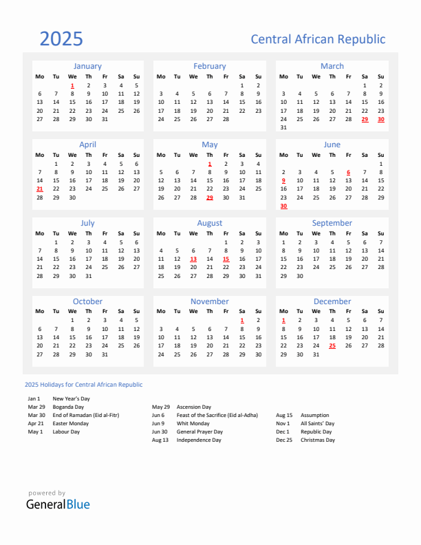 Basic Yearly Calendar with Holidays in Central African Republic for 2025 