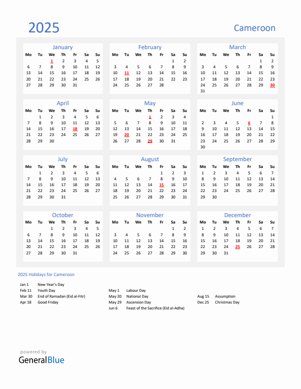 Basic Yearly Calendar with Holidays in Cameroon for 2025 
