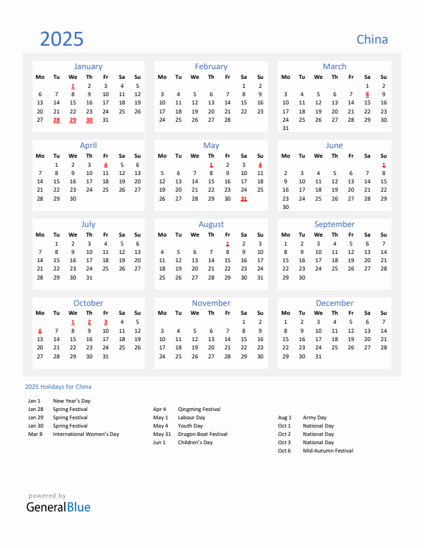 Basic Yearly Calendar with Holidays in China for 2025 