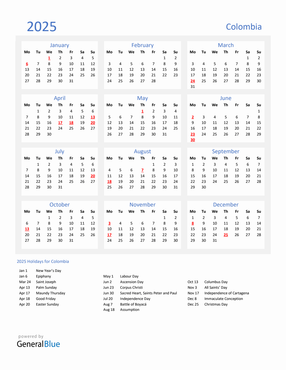 Basic Yearly Calendar with Holidays in Colombia for 2025