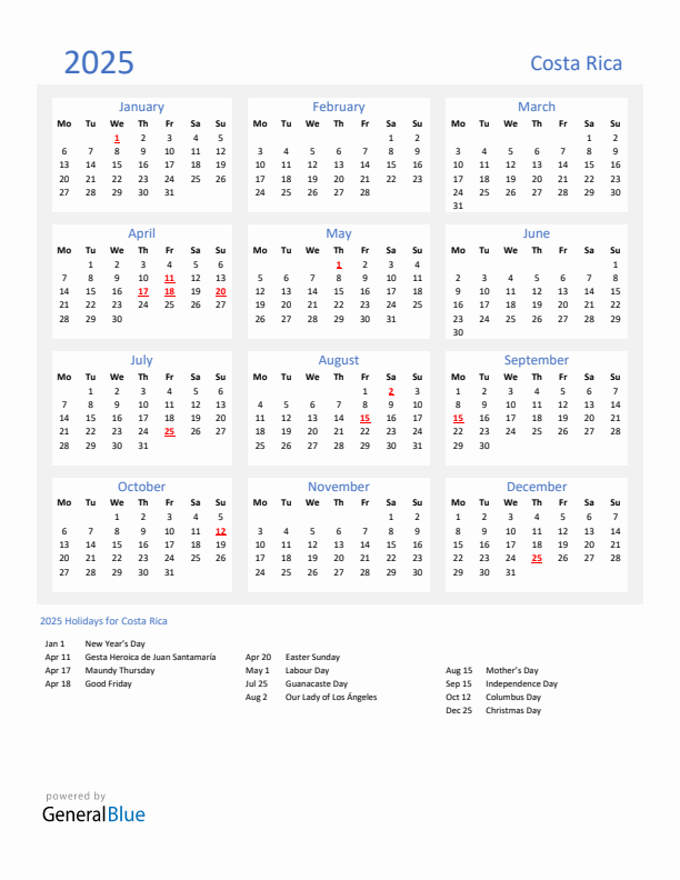 Basic Yearly Calendar with Holidays in Costa Rica for 2025 