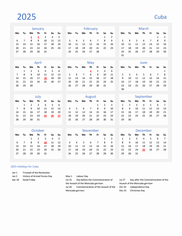 Basic Yearly Calendar with Holidays in Cuba for 2025 