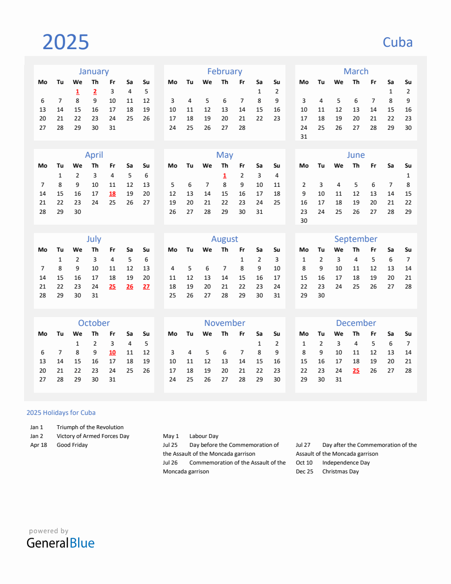 Basic Yearly Calendar with Holidays in Cuba for 2025