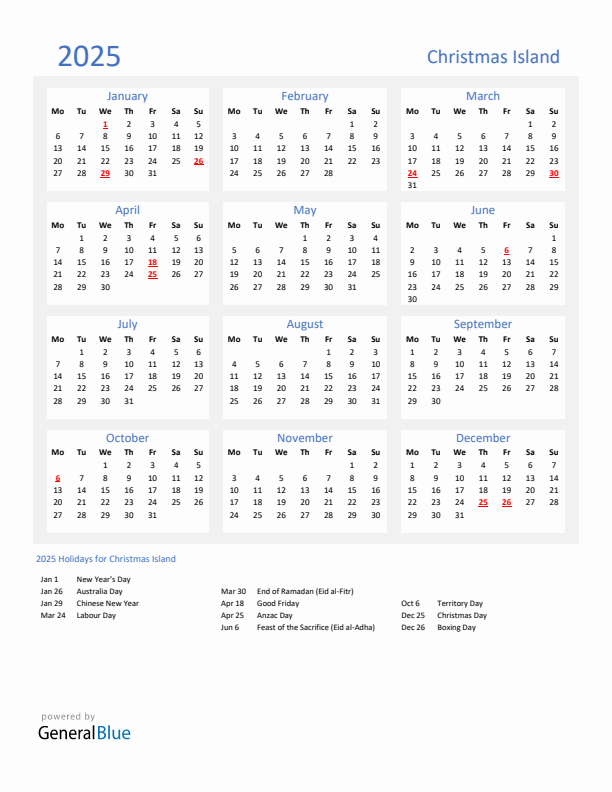 Basic Yearly Calendar with Holidays in Christmas Island for 2025 