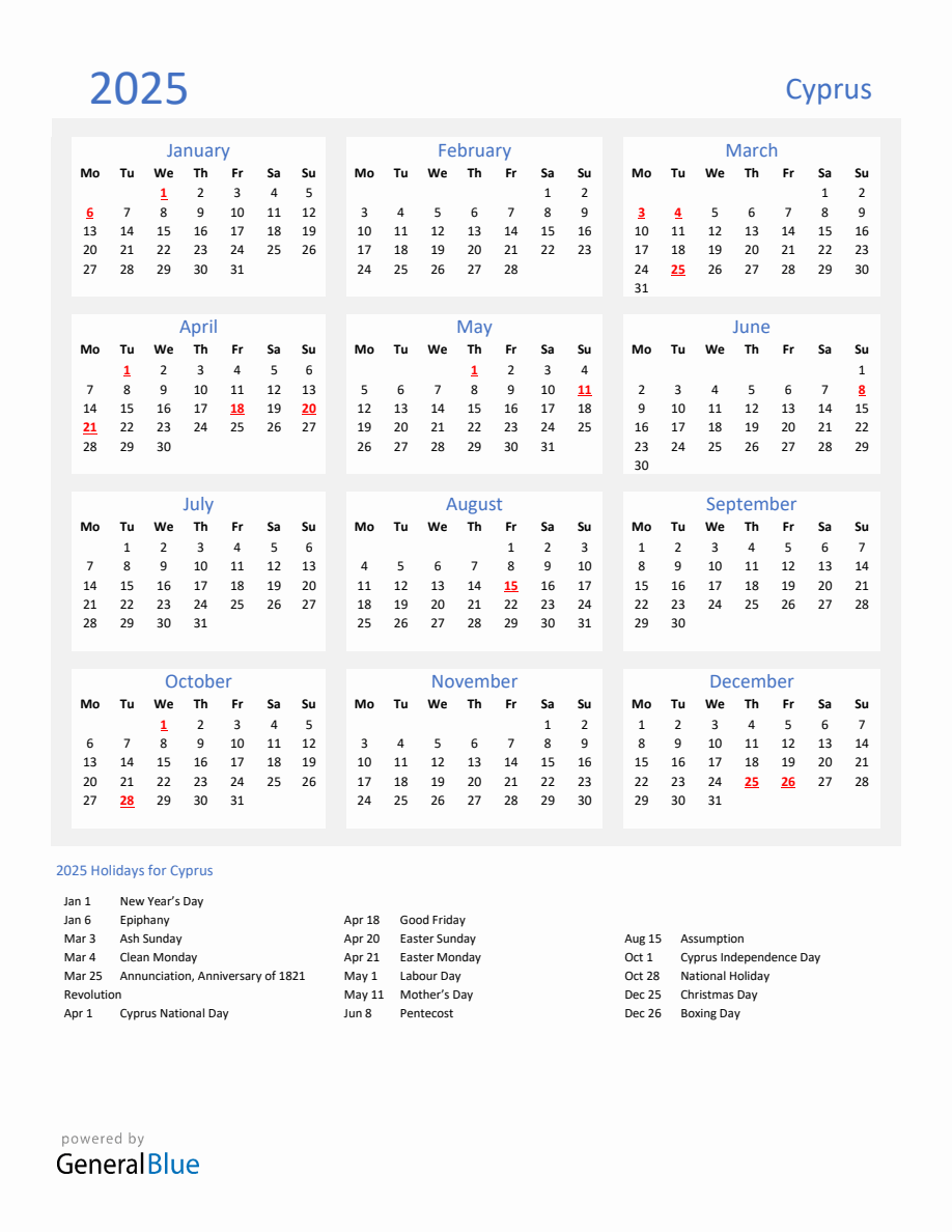 Basic Yearly Calendar with Holidays in Cyprus for 2025