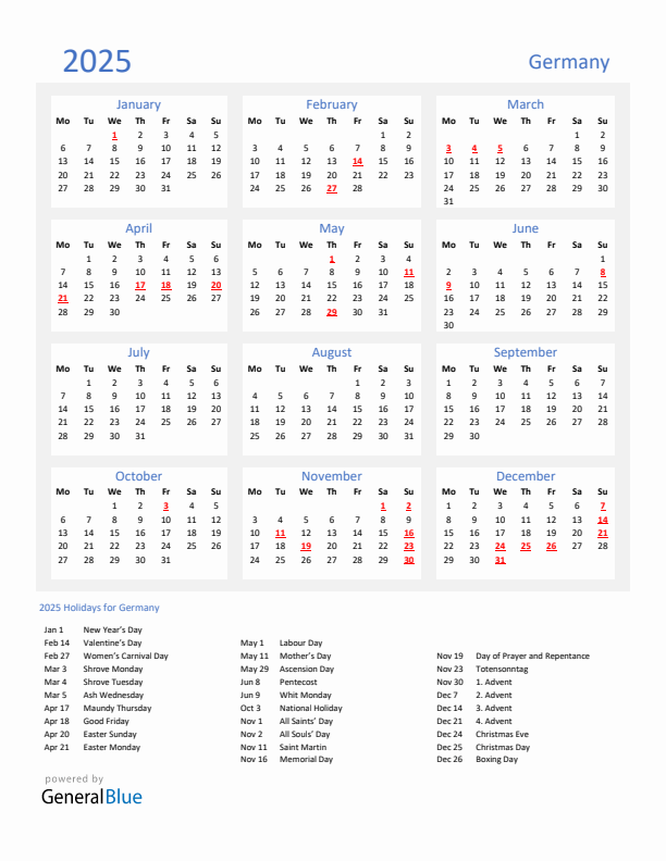 Basic Yearly Calendar with Holidays in Germany for 2025 