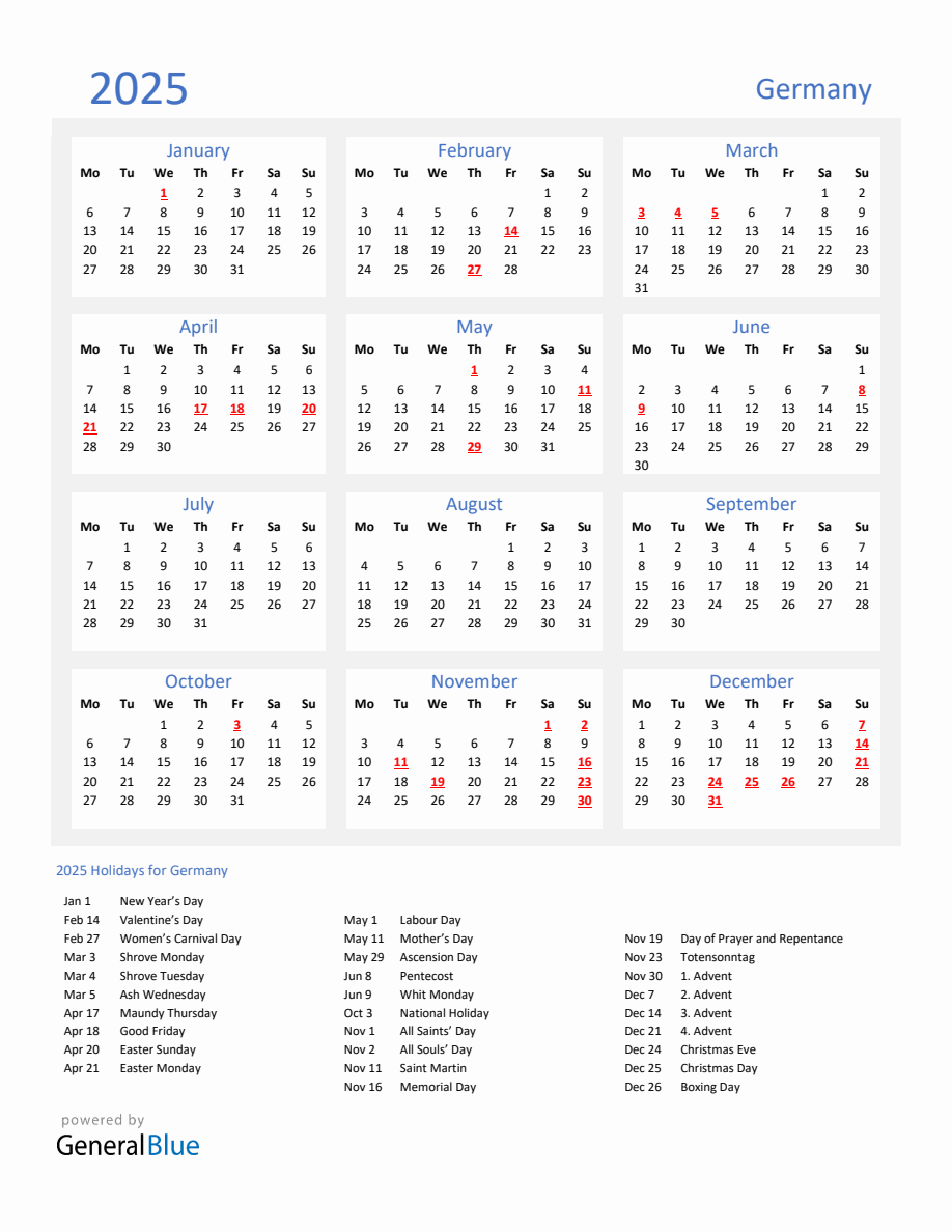 Calendar 2025 With Holidays Germany 