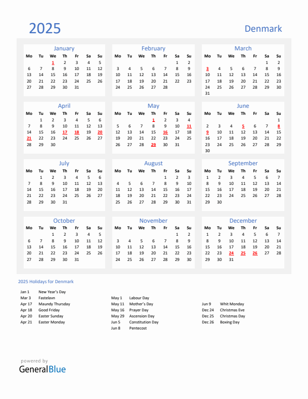 Basic Yearly Calendar with Holidays in Denmark for 2025 