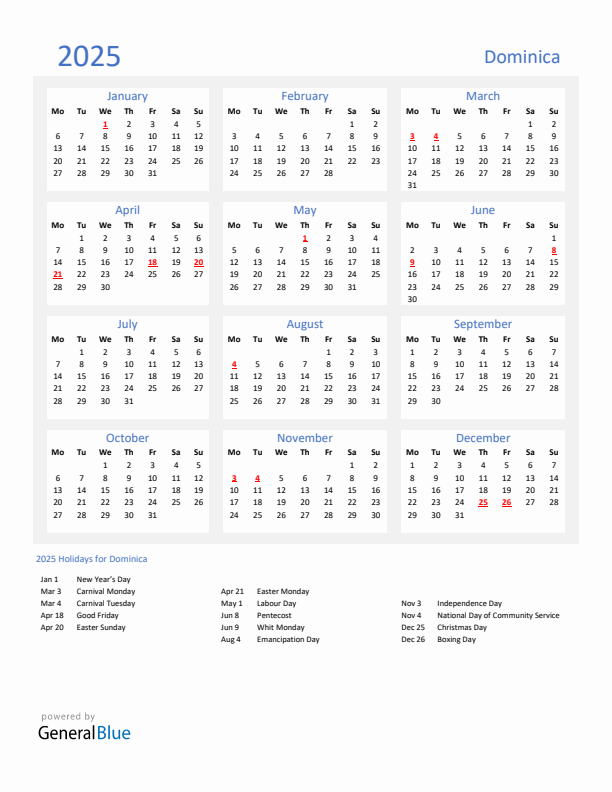 Basic Yearly Calendar with Holidays in Dominica for 2025 