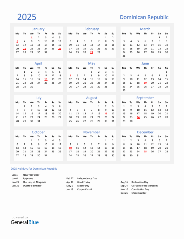 Basic Yearly Calendar with Holidays in Dominican Republic for 2025 