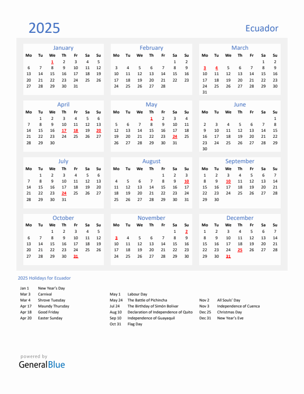 Basic Yearly Calendar with Holidays in Ecuador for 2025 