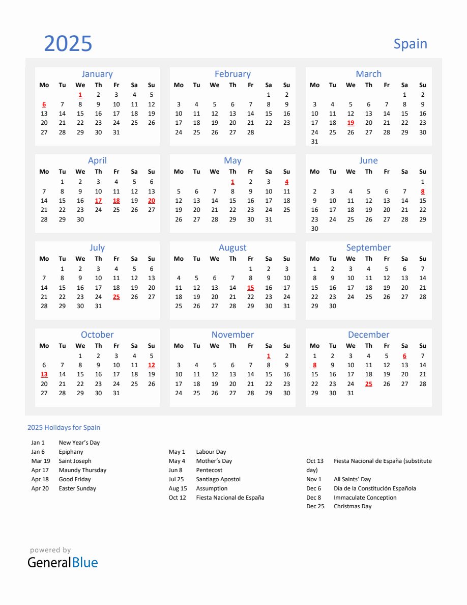 Basic Yearly Calendar with Holidays in Spain for 2025