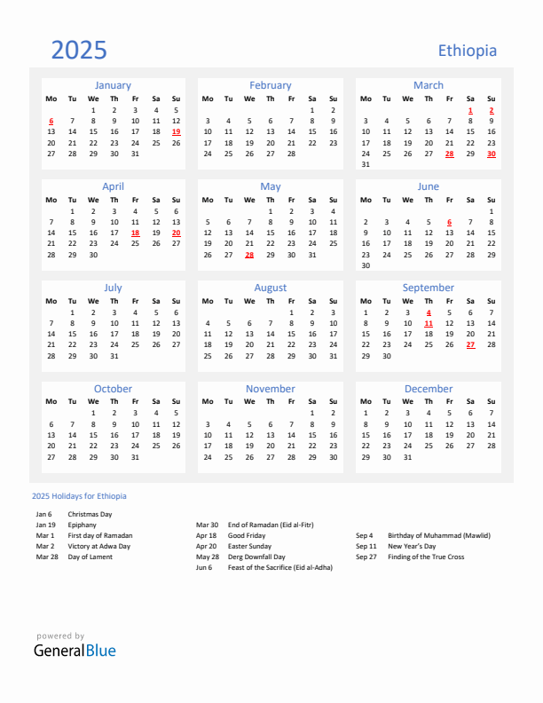 Basic Yearly Calendar with Holidays in Ethiopia for 2025 