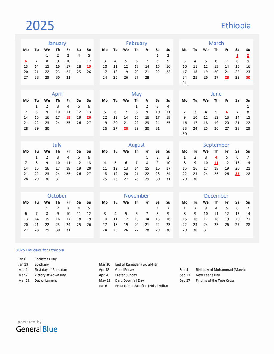 Basic Yearly Calendar with Holidays in Ethiopia for 2025