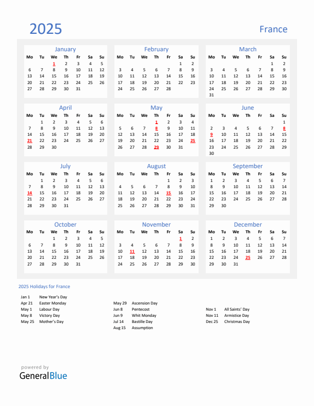 Basic Yearly Calendar with Holidays in France for 2025 