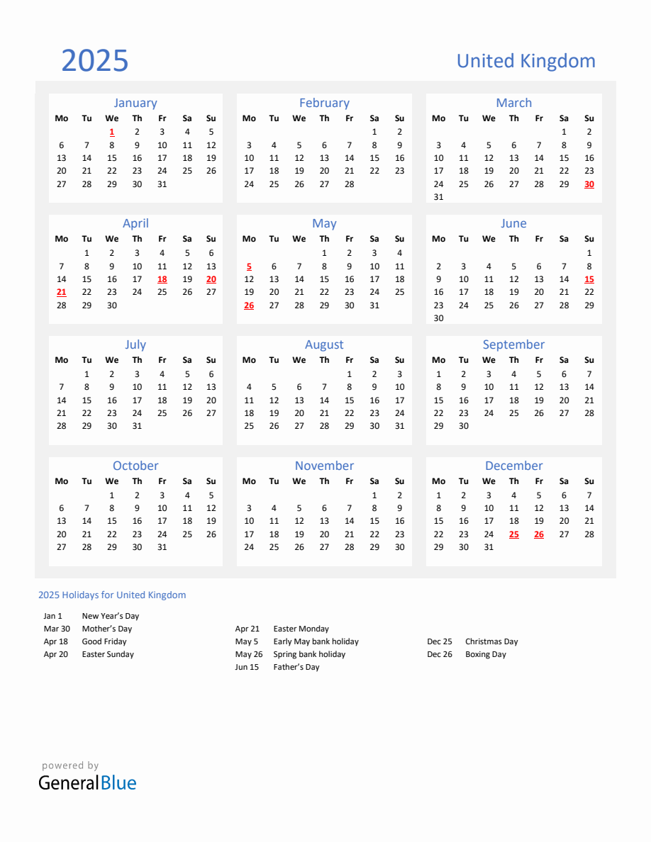 Basic Yearly Calendar with Holidays in United Kingdom for 2025