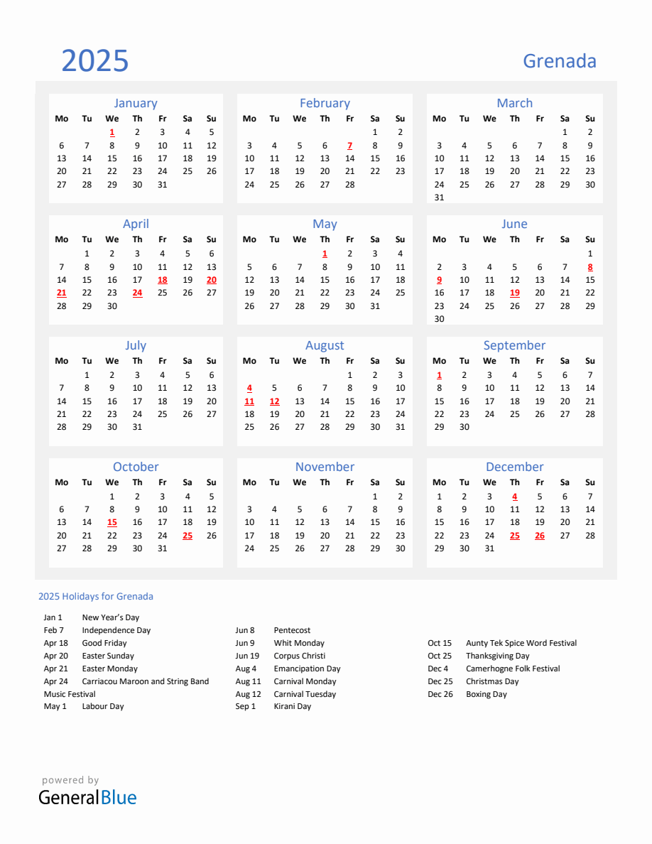 Basic Yearly Calendar with Holidays in Grenada for 2025