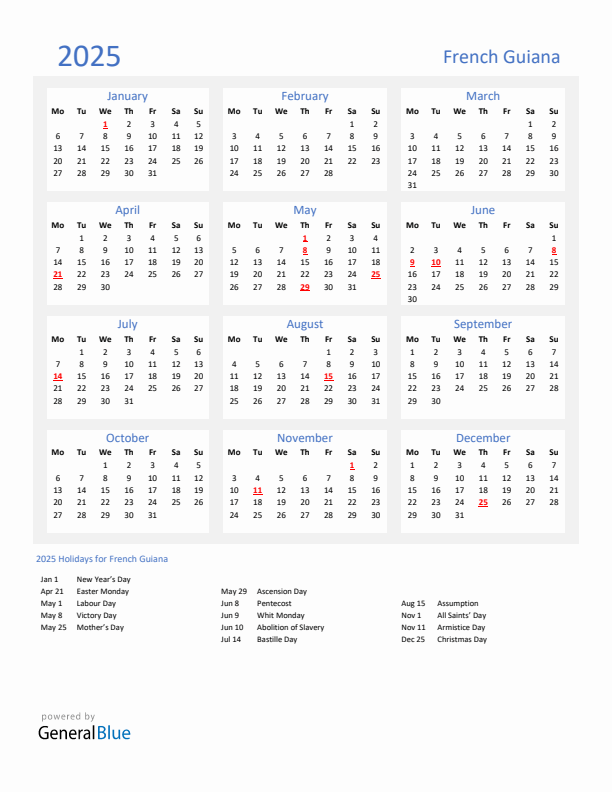 Basic Yearly Calendar with Holidays in French Guiana for 2025 