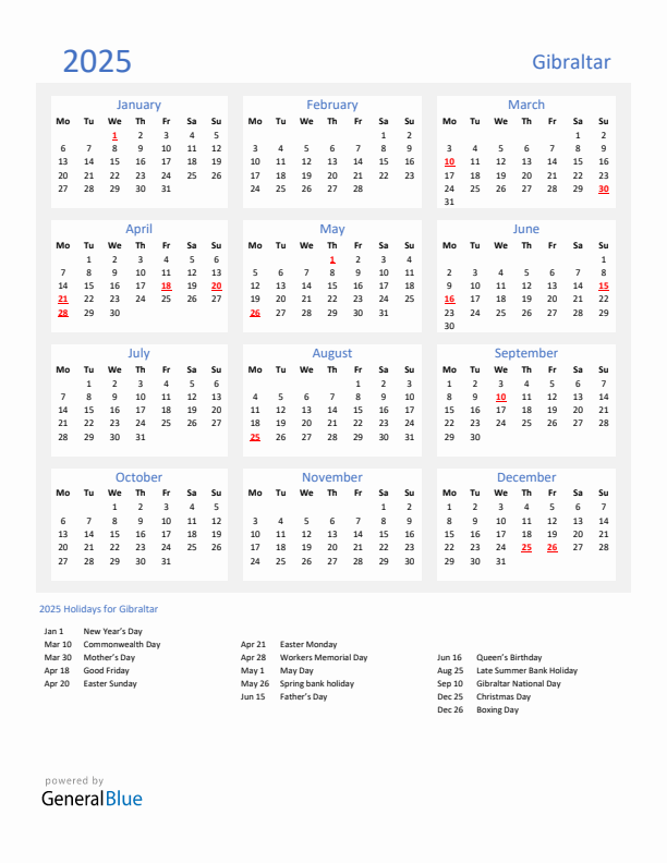Basic Yearly Calendar with Holidays in Gibraltar for 2025 