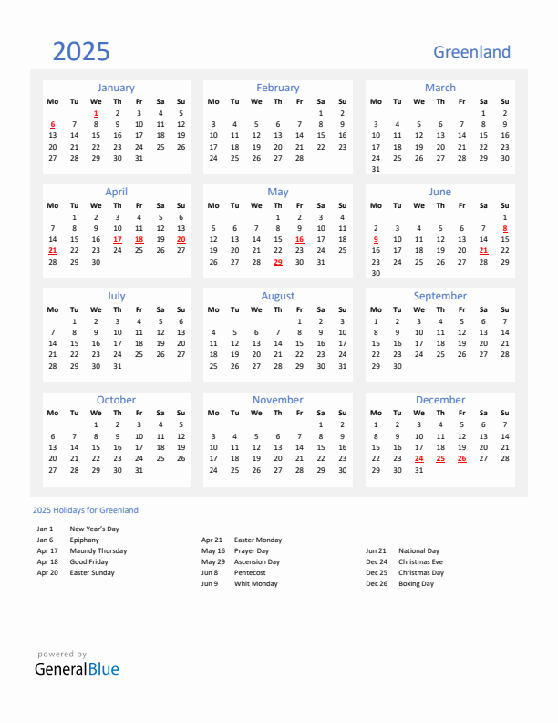 Basic Yearly Calendar with Holidays in Greenland for 2025 