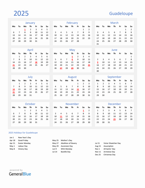 Basic Yearly Calendar with Holidays in Guadeloupe for 2025 