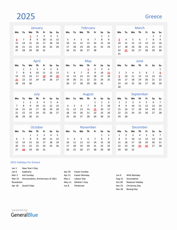 Basic Yearly Calendar with Holidays in Greece for 2025 
