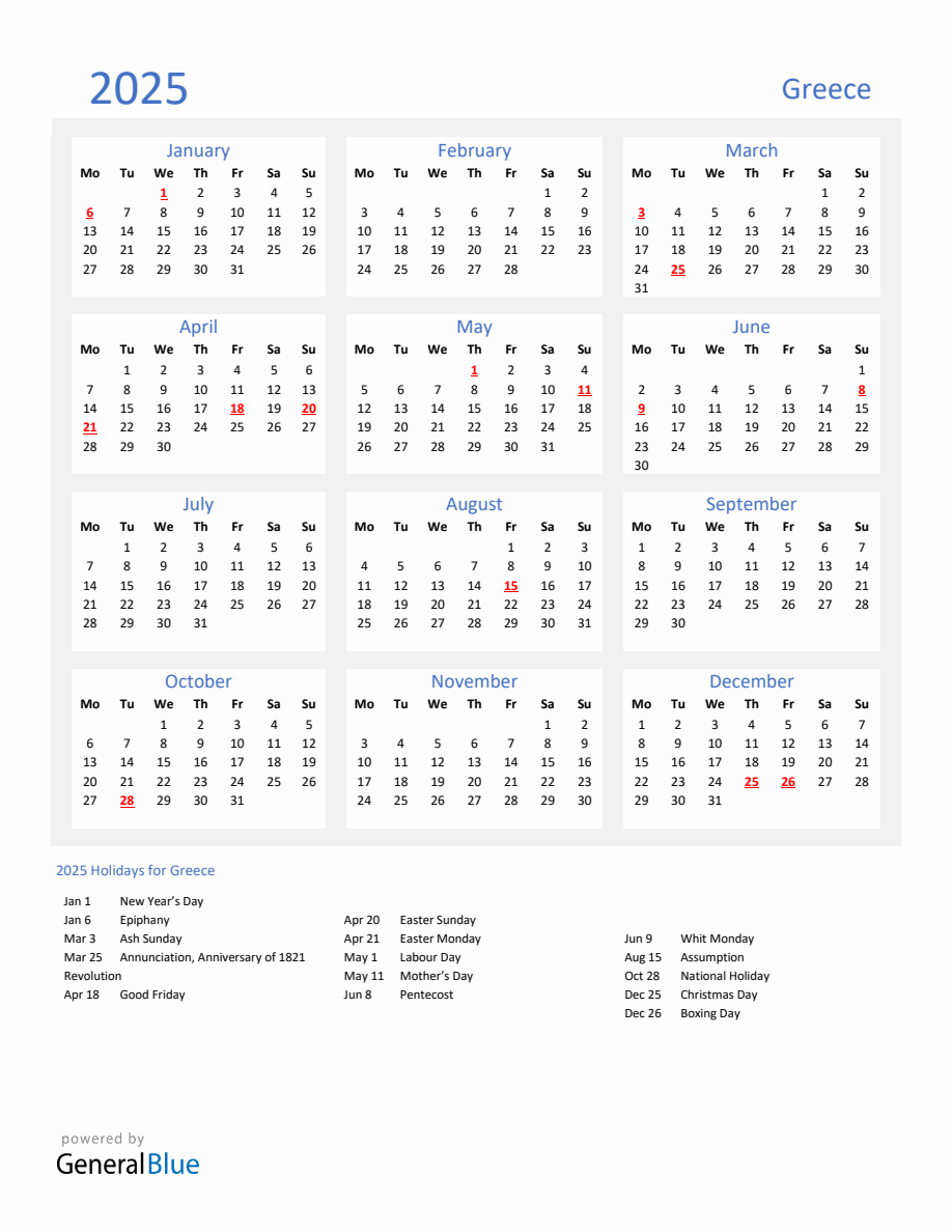 Basic Yearly Calendar with Holidays in Greece for 2025