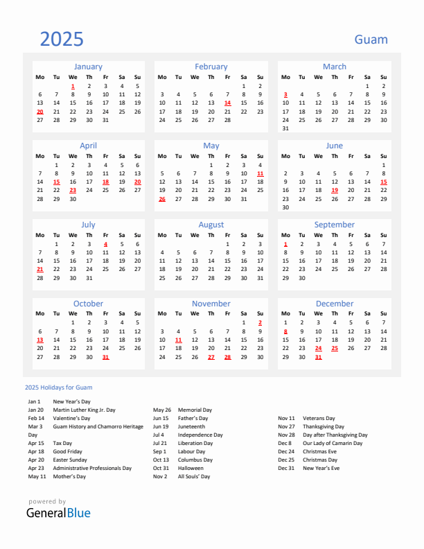 Basic Yearly Calendar with Holidays in Guam for 2025 