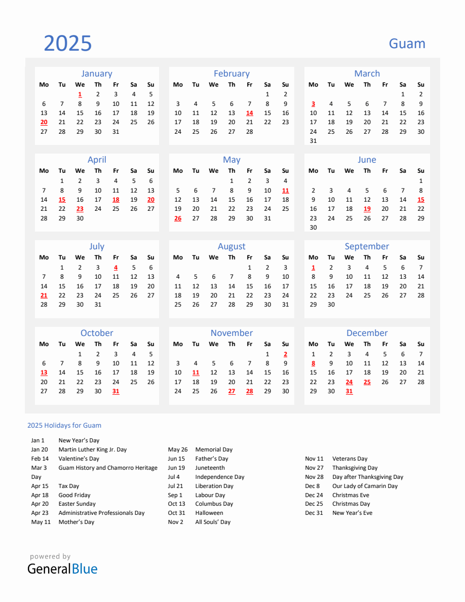 Basic Yearly Calendar with Holidays in Guam for 2025